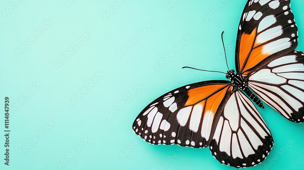 Obraz premium A close-up of a butterfly on a blue surface with a light blue background and a green background