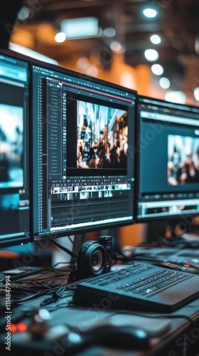 A workspace featuring multiple monitors displaying video editing software and a camera.