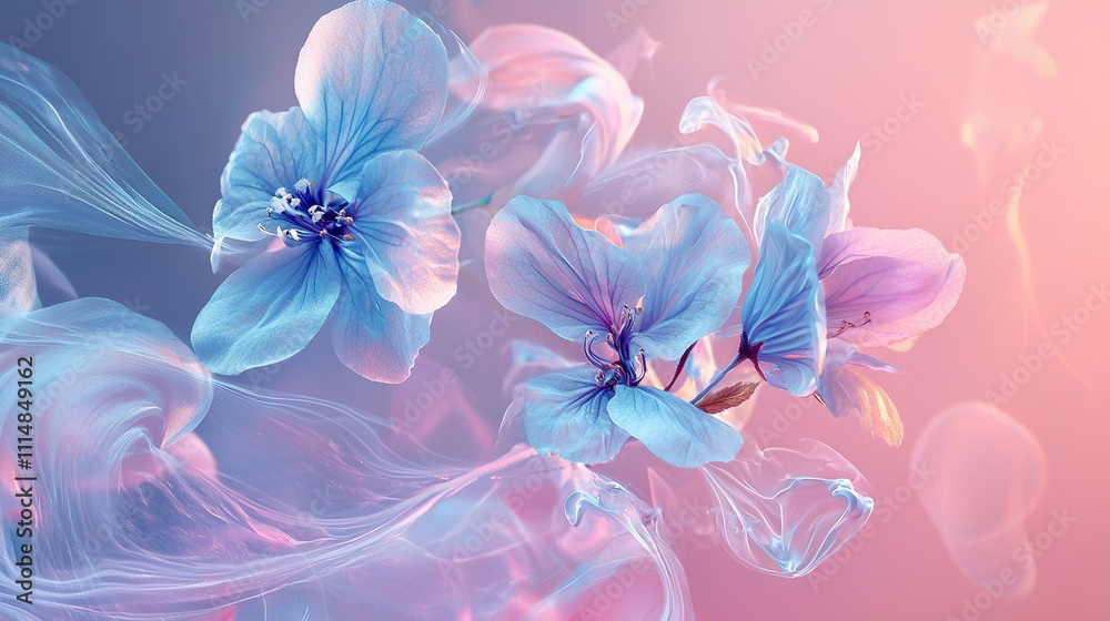 Obraz premium A close-up of a blue flower against a pink and blue backdrop, with a soft out-of-focus depiction of various flowers in the distance