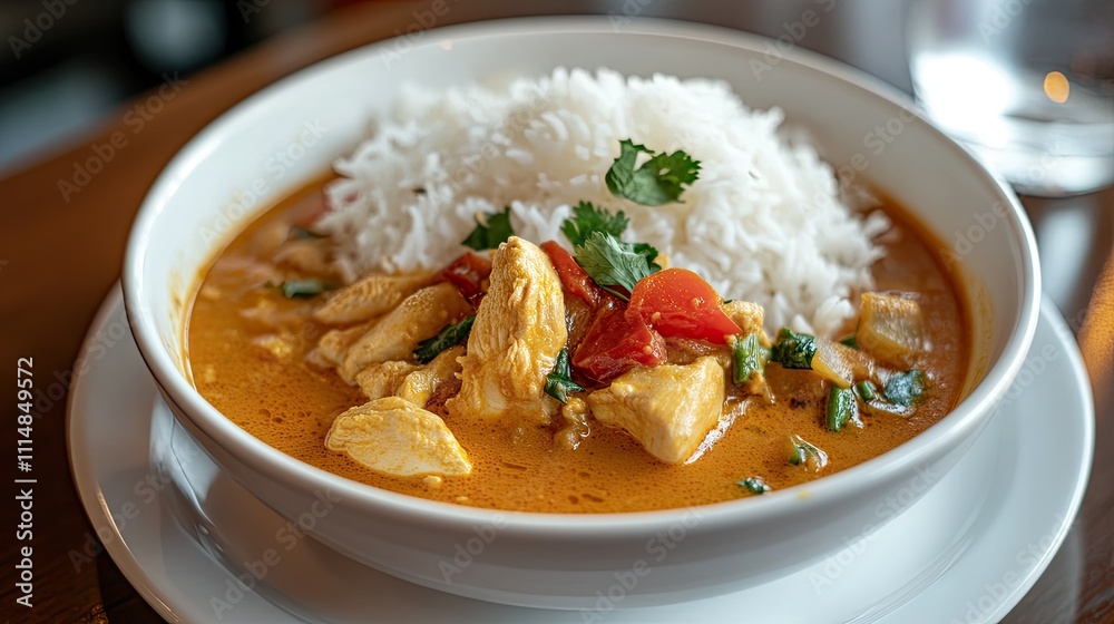 Delicious Chicken Curry with Aromatic Rice Garnished with Fresh Cilantro Served in a White Bowl on a Wooden Table Close-Up Delicious Chicken Curry with Aromatic Rice Garnished with Fresh Cilantro Served in a White Bowl on a Wooden Table Close-Up