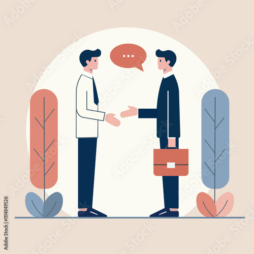 Illustration of two people greeting, getting acquainted. They extend their hands during a business meeting