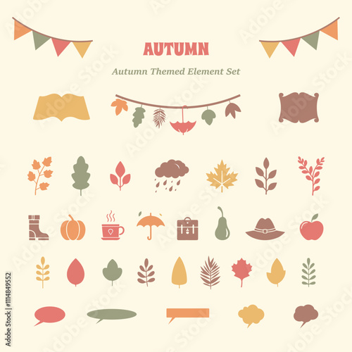 A cute set of autumn-themed elements: tree leaves, text frames, clothing elements, fruits, vegetables and autumn decorations