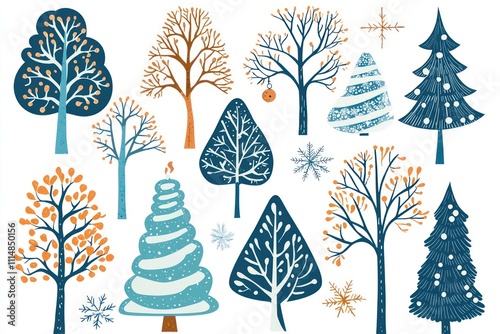 Winter-themed collection decorative trees with a doodle