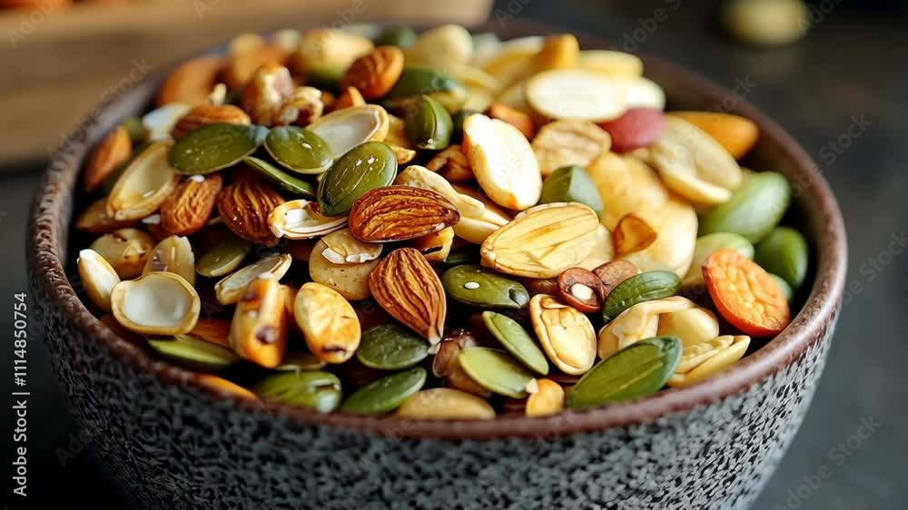 Nutritious mix of seeds and nuts in a decorative bowl on a dark background for healthy snacking and recipes
