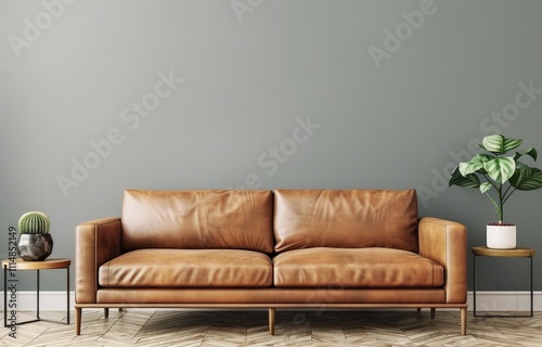 A modern living room with a brown leather sofa. a green wall. two side tables. and plants