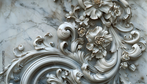 Intricate white floral relief design showcasing elegant curves and detailed flowers on a marbled background.