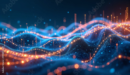abstract digital waves, blue and orange light particles, futuristic background, technology concept, glowing lines, D rendering, visual effect of data streams, intricate network design, digital art