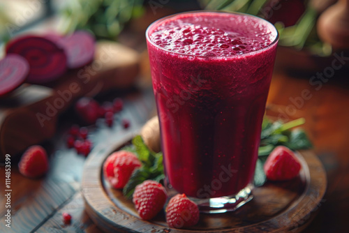 fresh raspberry smoothie in a transparent glass standing on a wooden stand.  photo