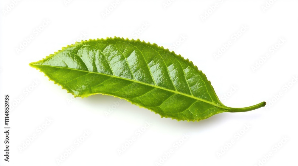 Obraz premium Green tea leaf isolated on white background with sharp details