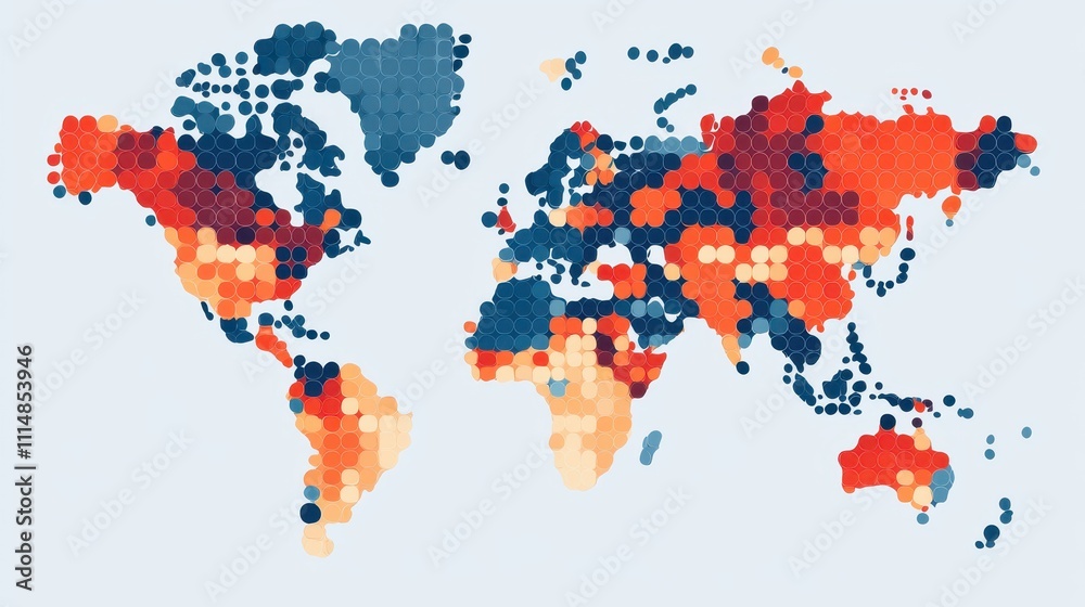Fototapeta premium A colorful world map highlighting various regions with dots representing data distribution across continents.