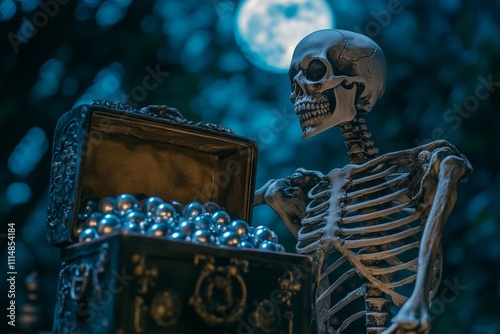 A skeleton grasping a chest of colorful marbles beneath a bright full moon s glow photo