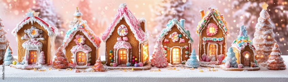 Fototapeta premium Charming christmas background featuring festive gingerbread houses in a winter wonderland setting