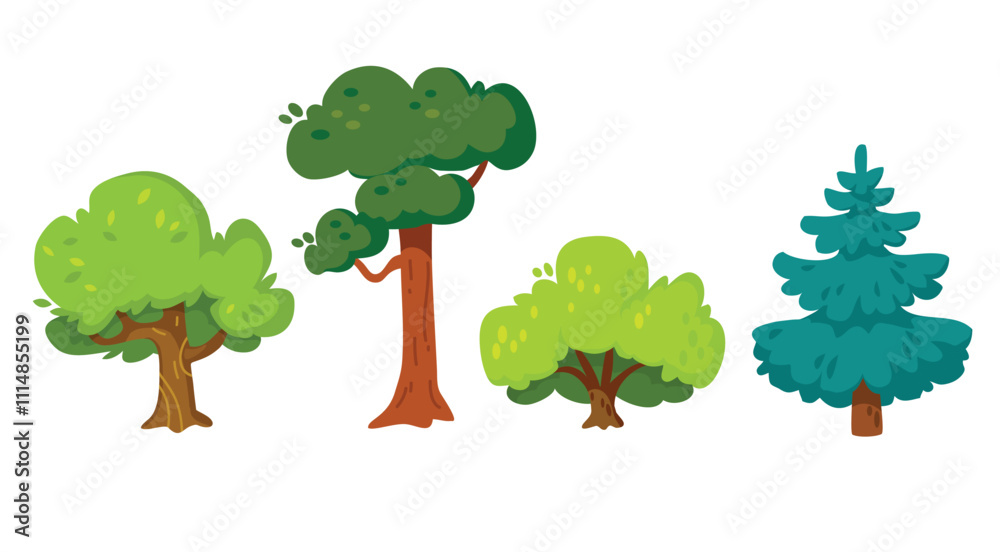Fototapeta premium Set collection of deciduous and evergreen forest trees, plants in flat vector design isolated on white background. Botanical collection of trees with leaves and lush crowns. Flat vector illustration.