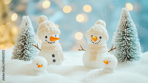 Two cheerful snowmen wearing cozy hats and scarves stand on a snowy landscape, surrounded by miniature frosted trees and glowing festive lights in a dreamy scene