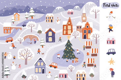 Winter snowy cartoon town city concept easy simple drawing map scene. Find hidden objects items in picture puzzle game. Merry Christmas background New Year Feliz navidad, Neujahr, Capodanno,le Nouvel