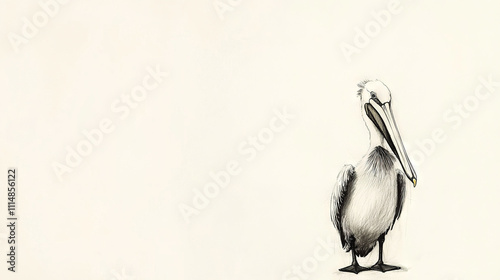   Black and white image of a pelican holding a fish in its beak against a white backdrop photo