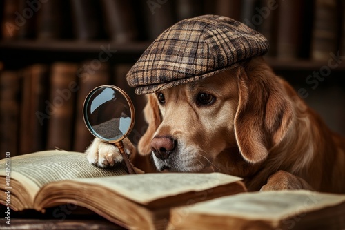 A clever canine detective unravels a mystery with a magnifying glass and iconic sherlock hat photo