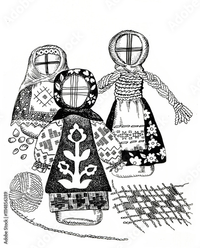 Three ethnic Ukrainian motanka dolls or rag doll