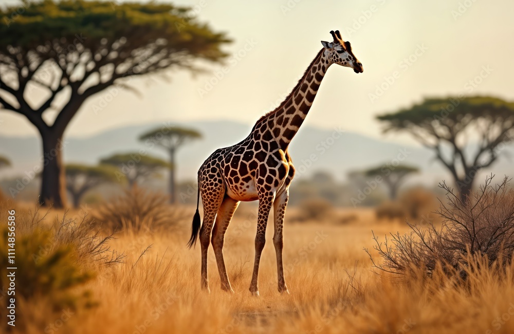 Obraz premium Graceful giraffe stands tall in African savanna landscape. Sunlight highlights pattern. Savanna grassland, acacia trees background. Wild animal in natural habitat. Wildlife photo beauty of nature.
