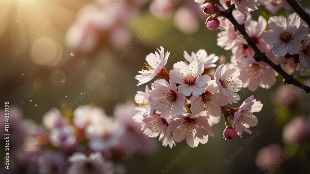 Obraz premium Sunlit pink cherry blossoms in spring.