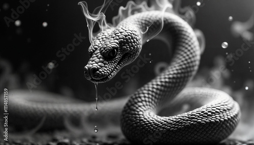 a snake with discernible scales and a dripping liquid from its mouth, set against a dark background with subtle elements like stones and a faint light. photo