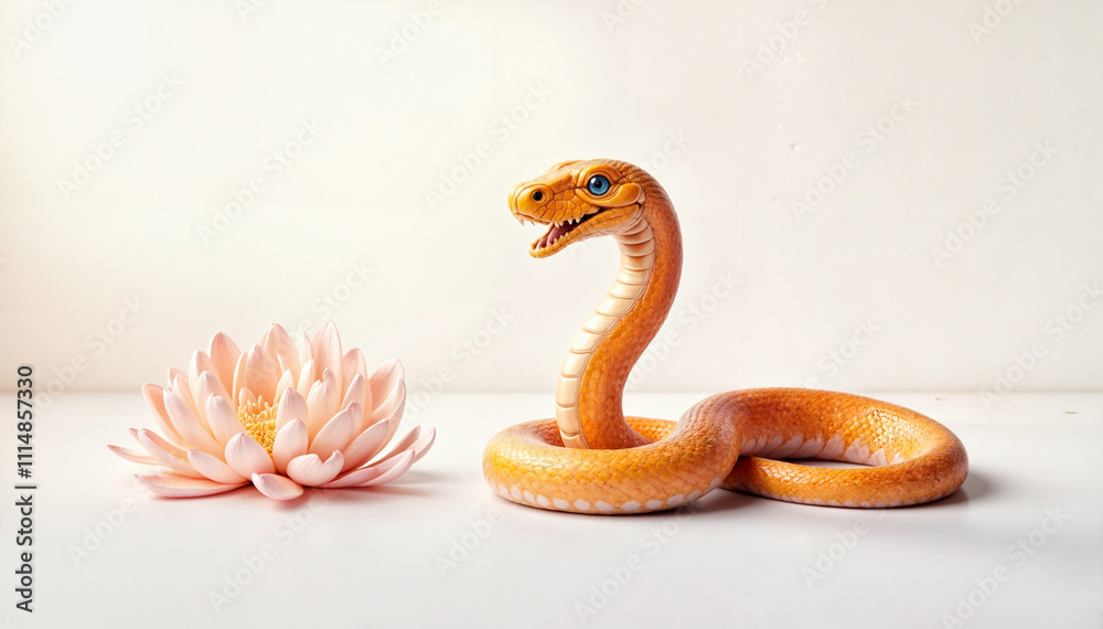 Fototapeta premium a stylized, anthropomorphic snake with a human-like face, sitting next to a blooming lotus flower on a plain surface.