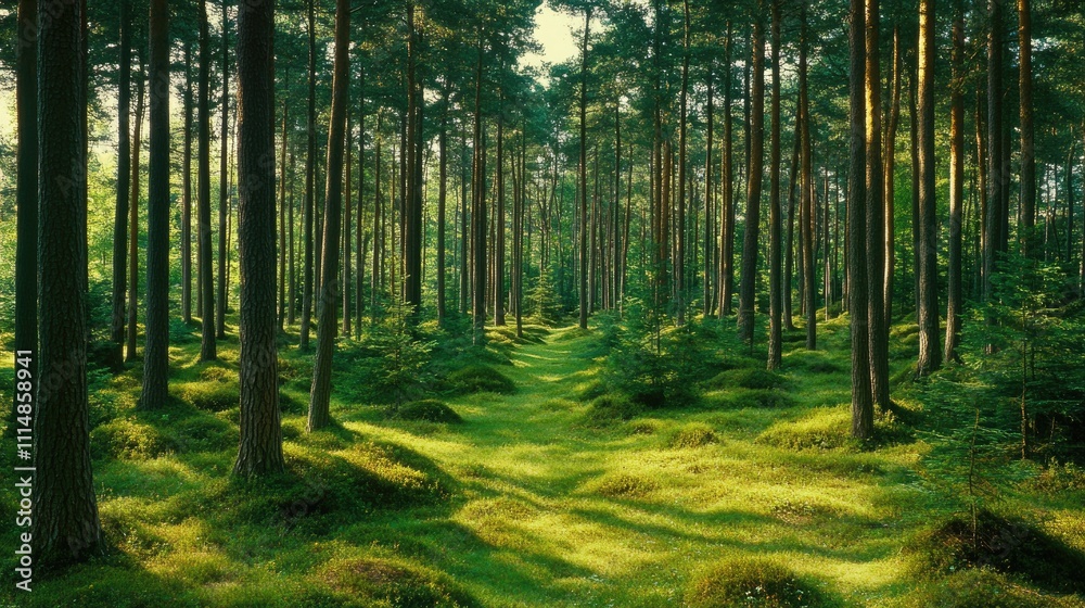 Fototapeta premium Tranquil Sunlit Forest Pathway Surrounded by Lush Green Foliage