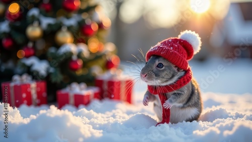 Gray hamster in red knitted hat with white pom-pom and red scarf standing by Christmas tree with gifts on sunny morning. Cute gray hamster enjoying festive surroundings. Holiday joy with gray hamster photo