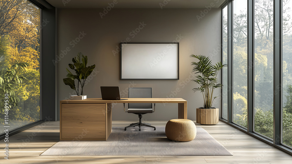 Modern minimalist office with desk and laptop near large windows and plants Modern minimalist office with desk and laptop near large windows and plants
