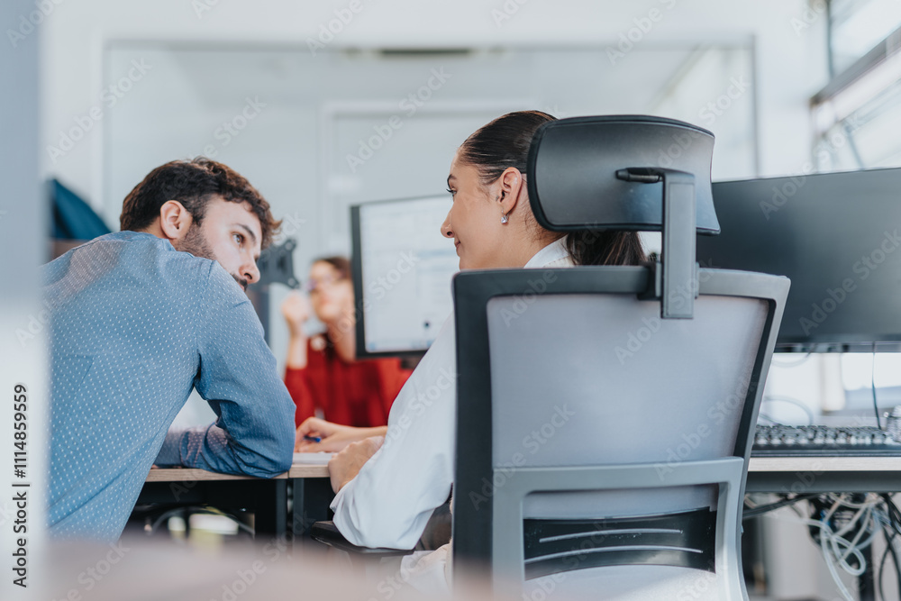 Fototapeta premium A group of diverse employees engage in a collaborative discussion at a modern office. The image highlights teamwork, communication, and professional interaction in a multicultural workplace setting.