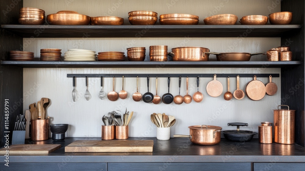 Modern Culinary Kitchen with Copper Cookware and Utensils Display Modern Culinary Kitchen with Copper Cookware and Utensils Display