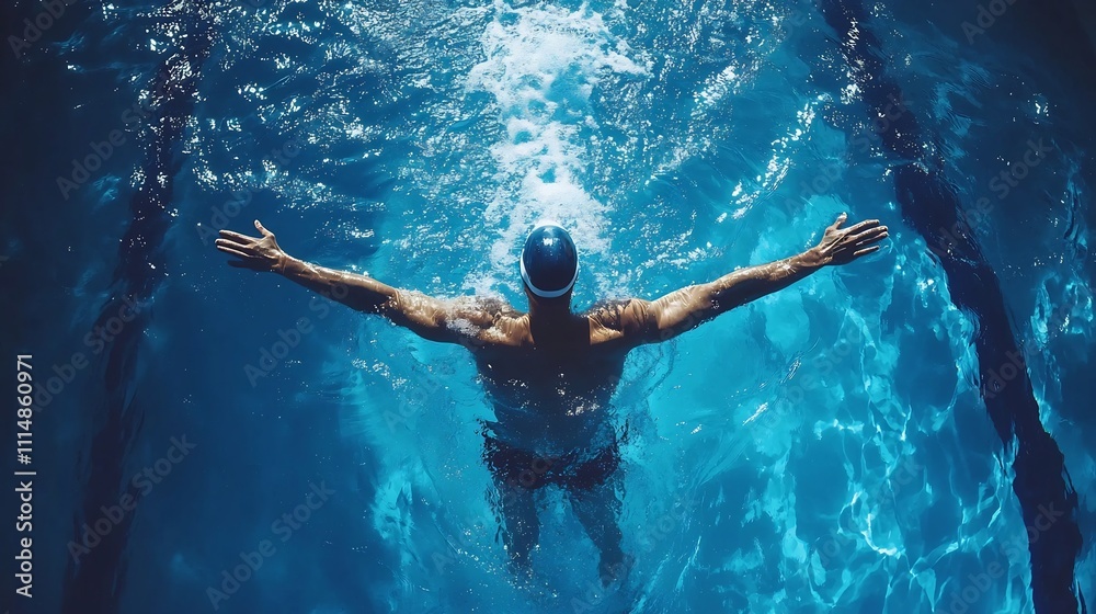 Fototapeta premium Top View of Powerful Butterfly Swimmer Gliding Through Tranquil Pool Lane
