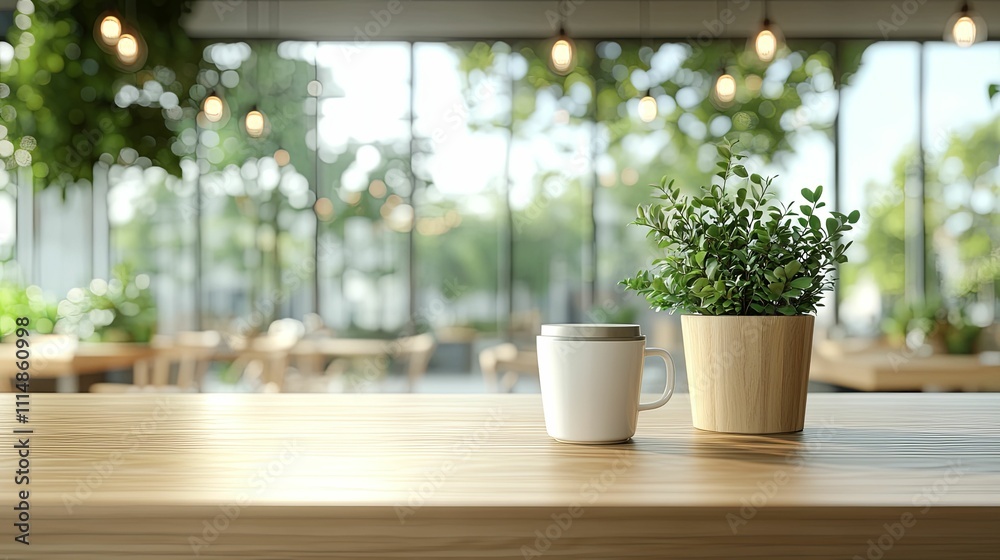 Wooden Table Coffee Mug Plant Cafe Setting Wooden Table Coffee Mug Plant Cafe Setting