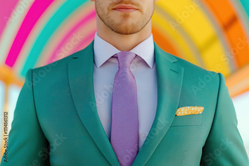 man in a sleek green suit with a purple tie and golden cufflinks standing near a carnival archway, Mardi Gras, fashion, celebrations, artistic displays, carnivals