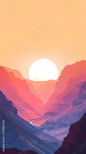 A stunning digital artwork featuring a vivid sunset over a majestic mountain valley, showcasing vibrant hues of orange and purple.