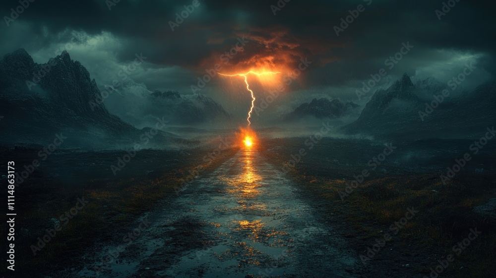 Fototapeta premium Dramatic lightning storm over a dark, misty mountain road.