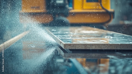 Water Spray on Wood Surface in Workshop Environment with Machinery photo