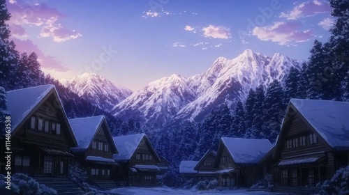 Snow-covered village nestled in a majestic mountain range at sunrise.