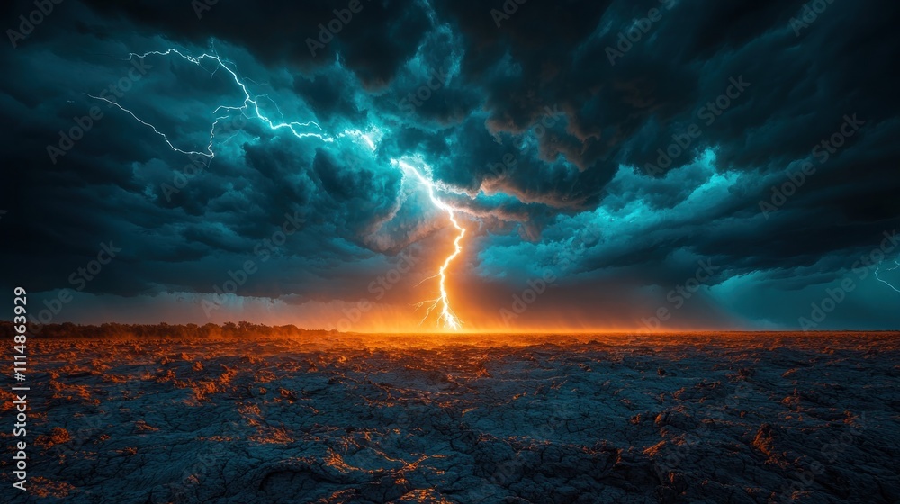 Fototapeta premium Dramatic lightning strike across dark stormy sky over barren landscape.