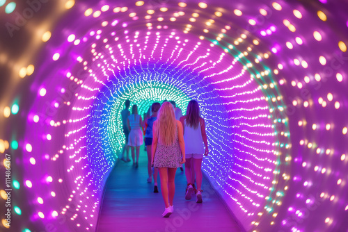 light tunnel made from purple and green bulbs, with participants walking through it, magical vibe, Mardi Gras, nightlife, celebrations, festivals, artistic showcases