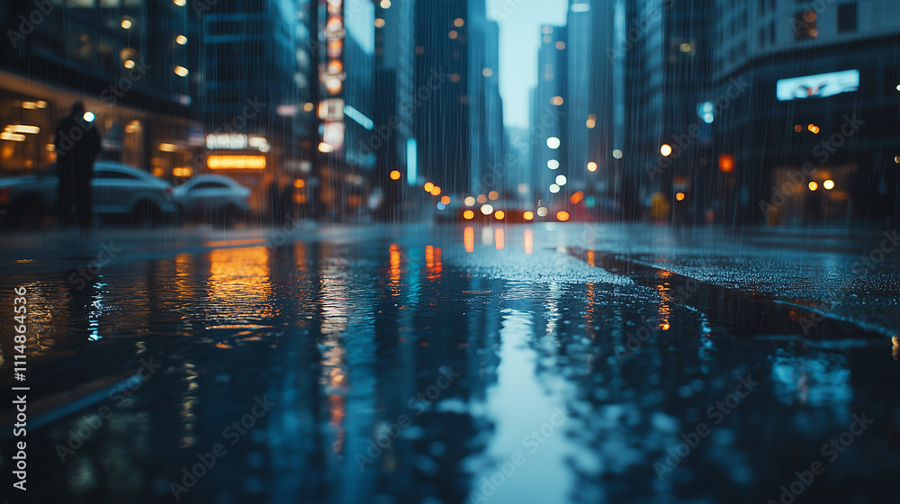 Fototapeta premium Rainy Night in the City with Reflections on Wet Streets