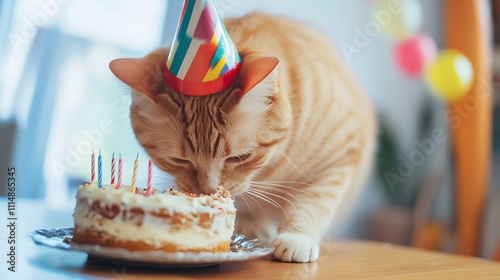 誕生日の帽子をかぶってケーキを食べているネコ photo