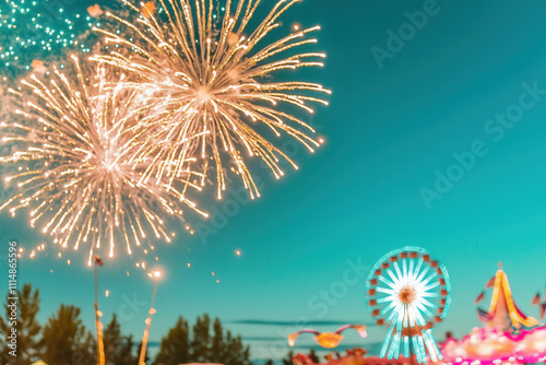 night sky lit up by fireworks, green and gold reflections visible on carnival floats below photo