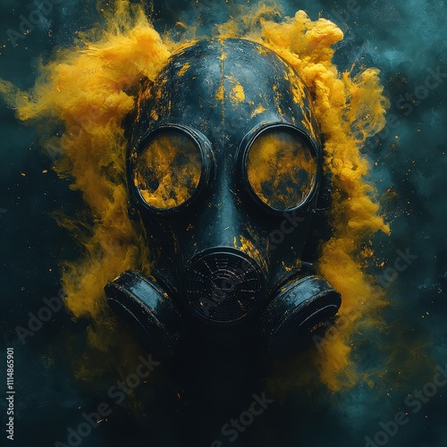 Close-up of a vintage gas mask with dynamic yellow smoke swirling around, set against a dark background, creating a striking and mysterious atmosphere. AI generated. photo