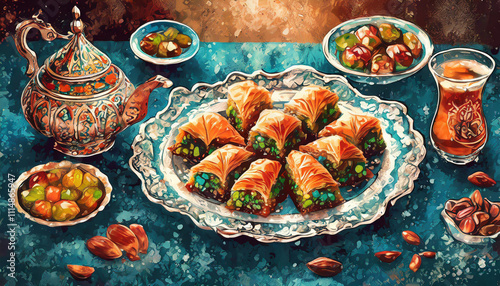 Wallpaper Mural Traditional turkish dessert baklava with cashew, walnuts. Vintage background. Torontodigital.ca