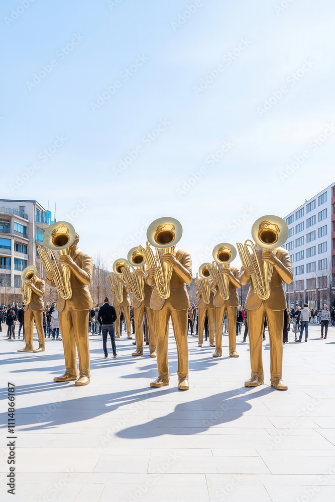 Obraz premium bronze statues of street musicians, installed in a lively carnival square, Mardi Gras, festivals, celebrations, artistic displays, cultural events