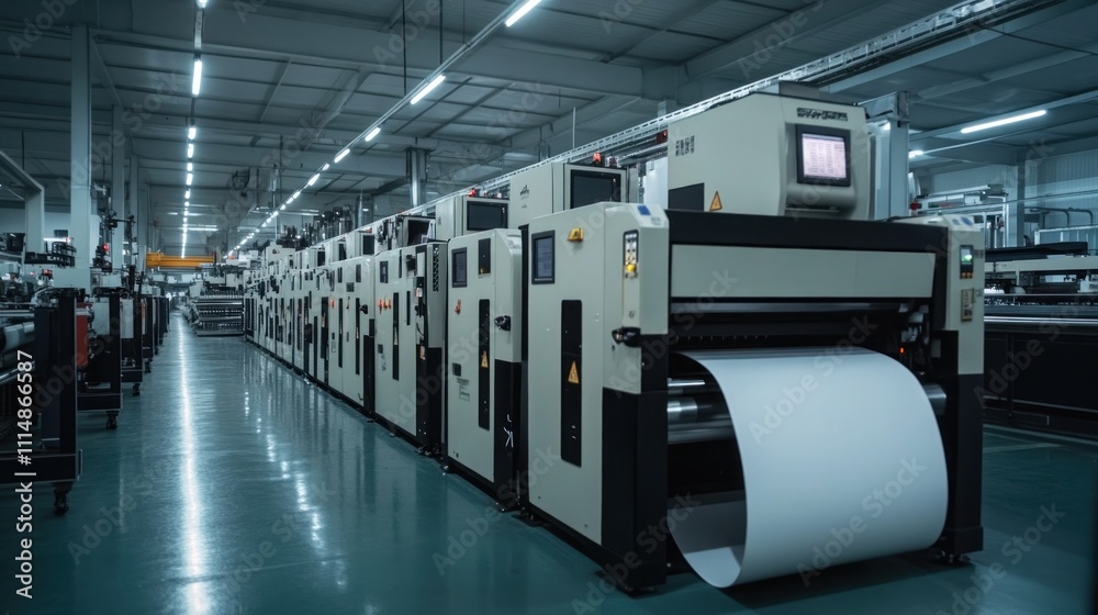 Obraz premium Industrial printing factory with large roll of paper and machinery.