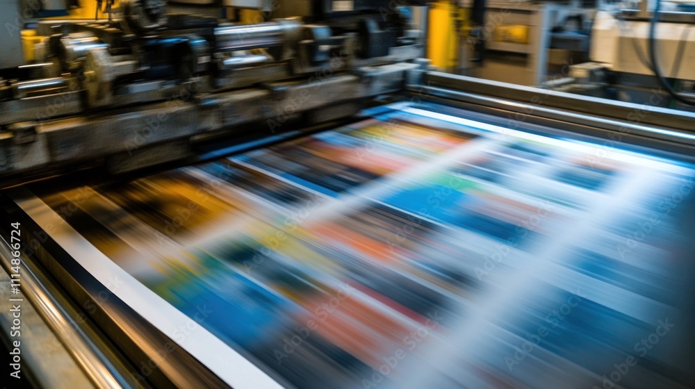 Fototapeta premium High-speed printing press in action, printing colorful pages.