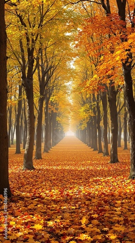 A scenic shot of a serene autumn forest with a carpet of fallen yellow orange red leaves underfoot and a few trees still adorned with green leaves, woodland ambiance, leaf fall, autumn leaves