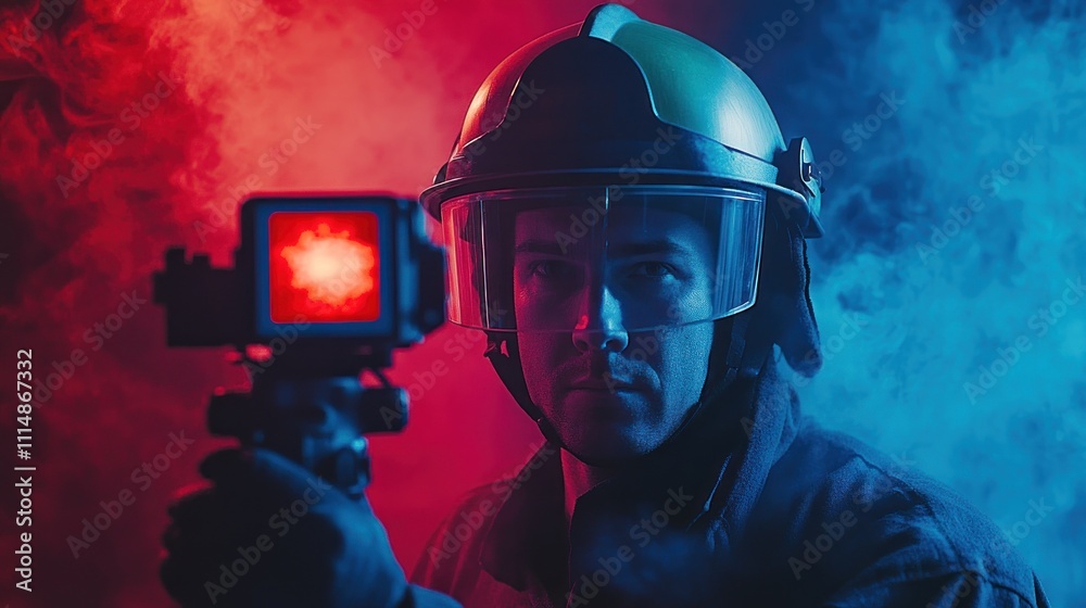 Firefighter in helmet holding camera, red and blue smoke background. Firefighter in helmet holding camera, red and blue smoke background.